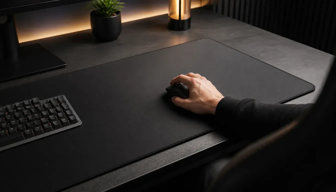 XXL-Stoffmauspad in Schwarz auf einem Schreibtisch, darauf eine Gaming-Maus mit niedrigem Profil, rundum viel freie Oberfläche für weite Mausbewegungen