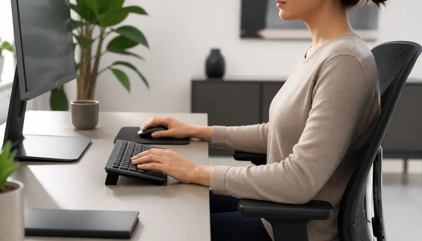 Schreibtisch mit Tastatur und Mauspad in ergonomischer Anordnung, Unterarme liegen waagerecht auf, Handgelenke leicht gestreckt, neutraler Hintergrund